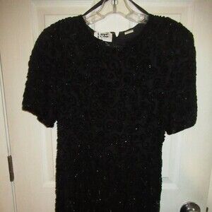 Gantos Nite black beaded silk cocktail dress size 6 vintage